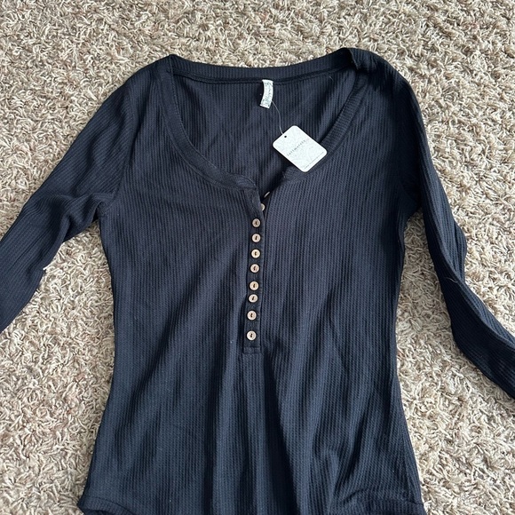 FREE PEOPLE Black Ribbed Long Sleeve Henley Bodysuit - Picture 3 of 4